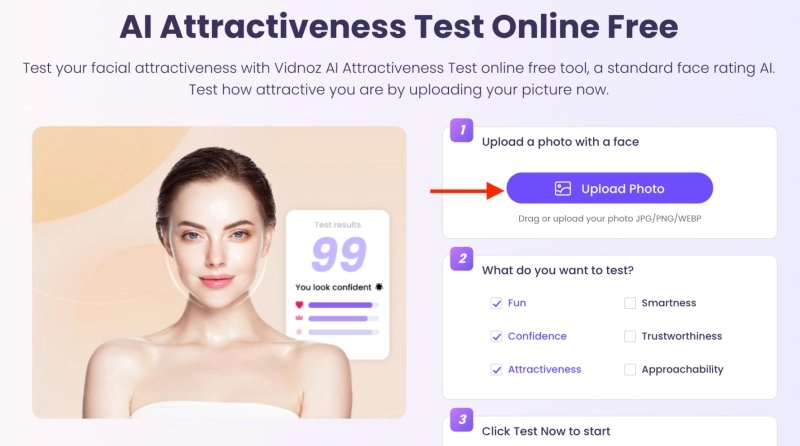 Upload Your Photo to Vidnoz AI Attractiveness Tool